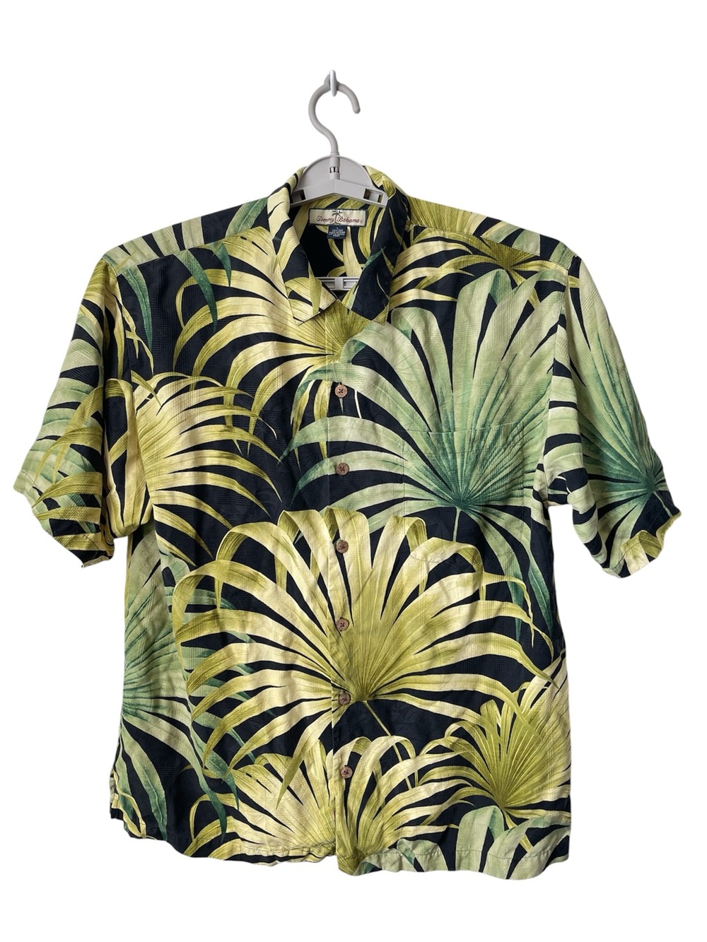 Tommy Bahama Men’s L Black Silk Palm Leaf Print Short Sleeve Button-Down Shirt